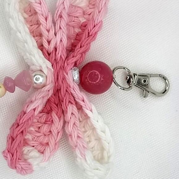 Handmade Crochet Wings Dragonfly Keychain Pink Vintage Beaded Bag Charm Purse - Picture 8 of 10